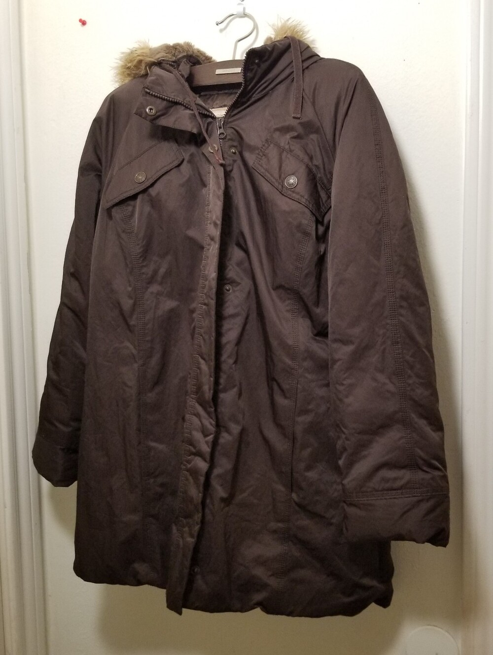 Old Navy Medium Knee-Length Dark Brown Puffer Coat With Zip-On Faux-Fur Hood